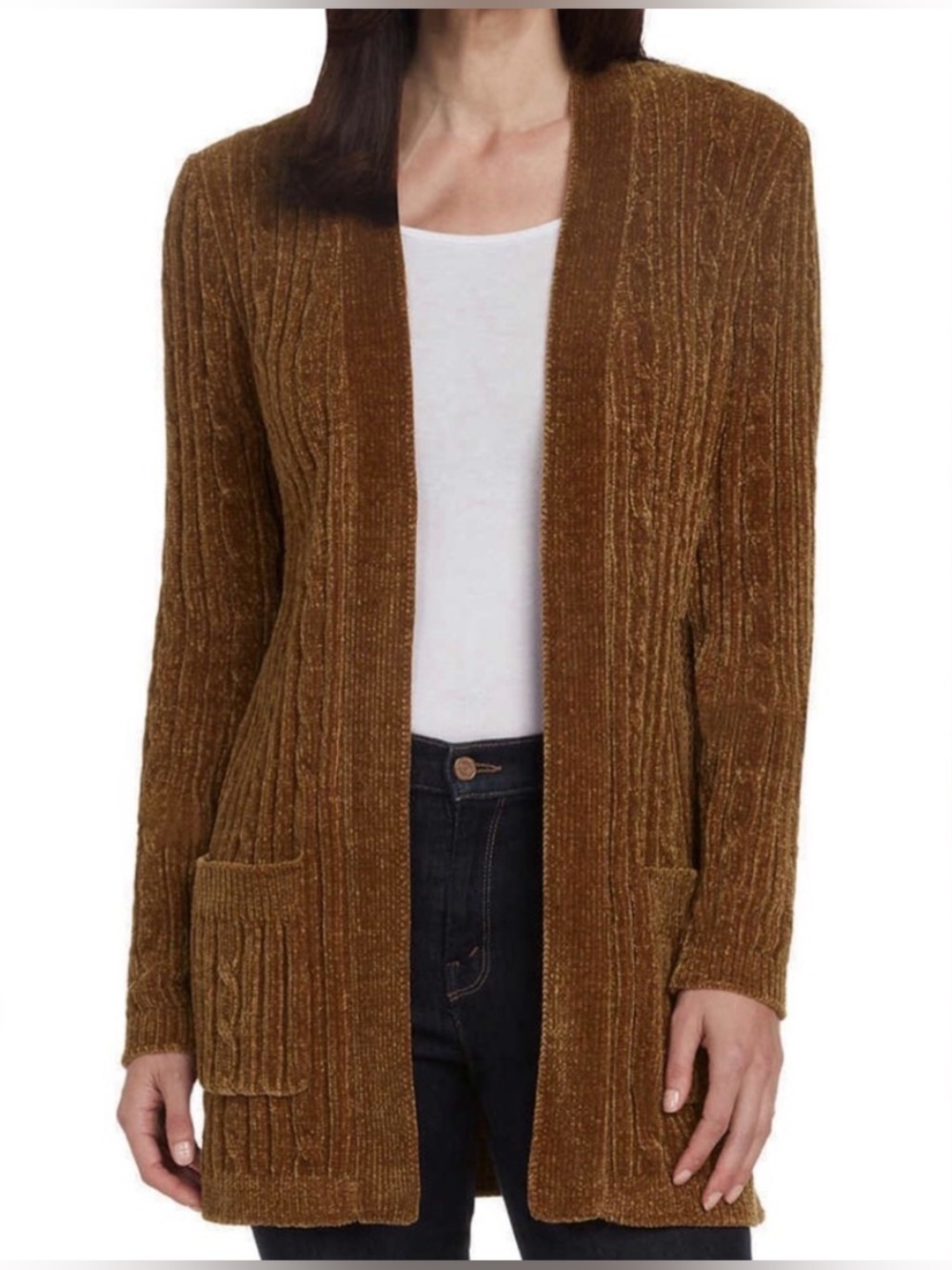 Matty M Chenille Braided Sweater Pockets Plush Soft Cozy Long Cardigan Size L